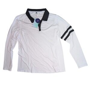 Soneven Polo Shirt Womens XL White Long Sleeve Golf‎ Tennis Athletic Striped